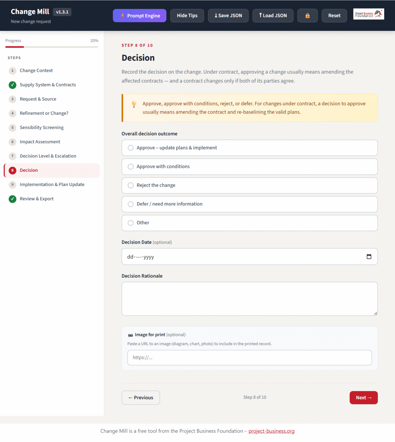 Screenshot of the "Change Mill" free solution for Change Request Management / Change Control in cross-corporate Project Business